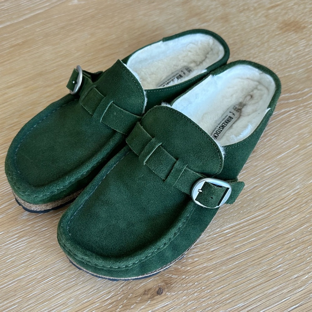 Birkenstock Buckley women’s Shearling Mules, size 40, Mountain View green